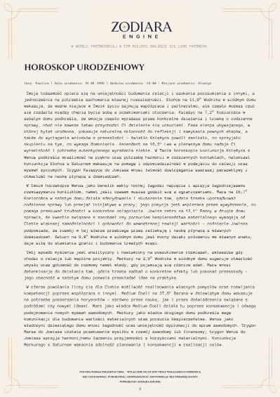 Strona raportu – Horoskop urodzeniowy